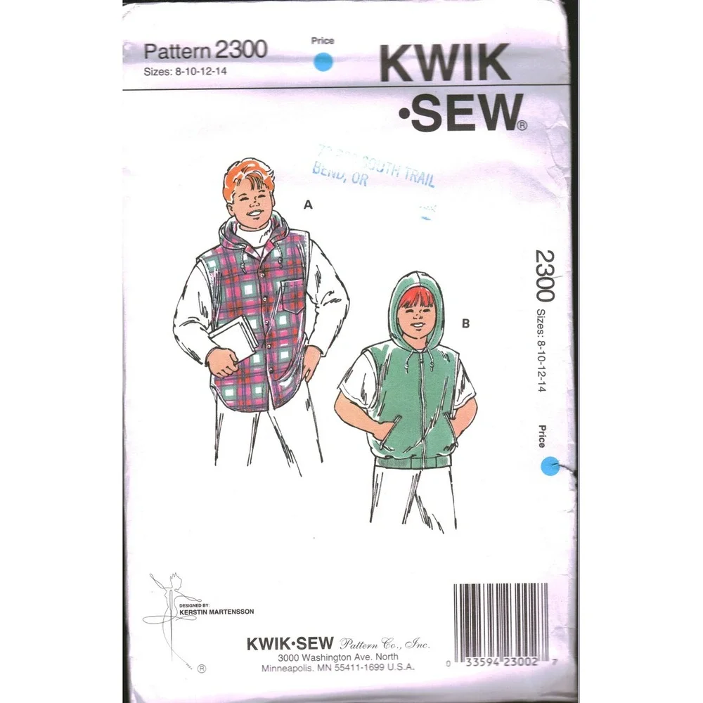 Kwik Sew 2300 Boys Hooded Vests Sewing Pattern Sizes 8-14 Vintage 1993 Kerstin M